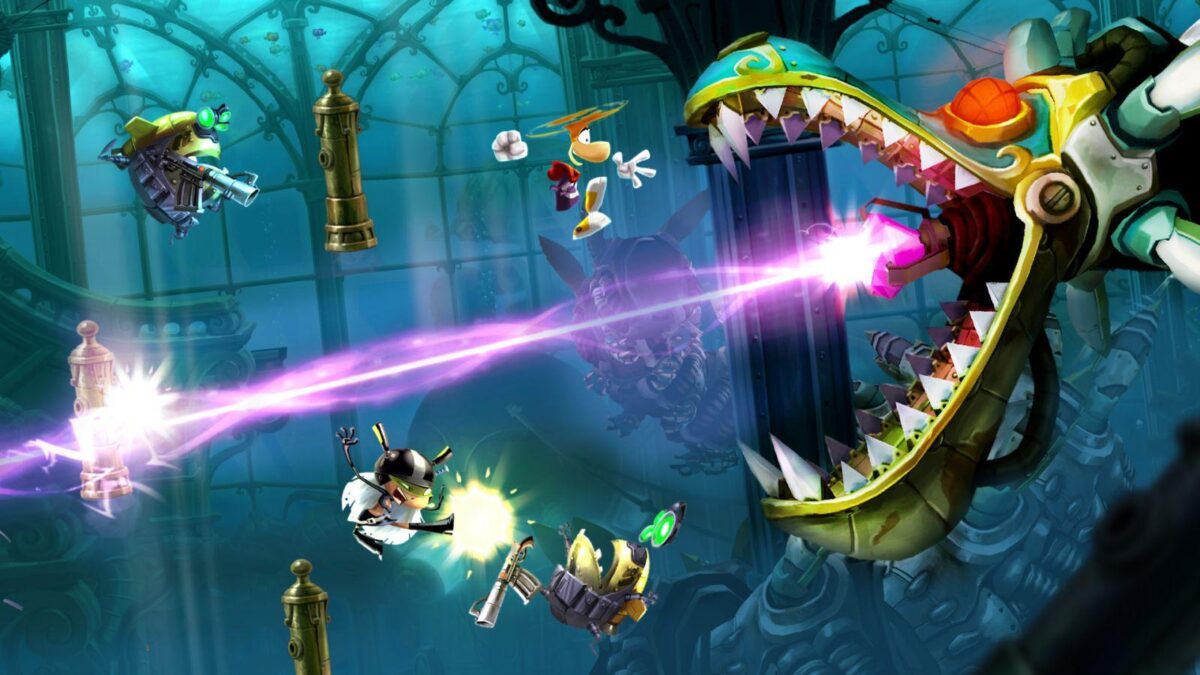 Экран игры Rayman Legends для ПК с изображением битвы с гигантским врагом