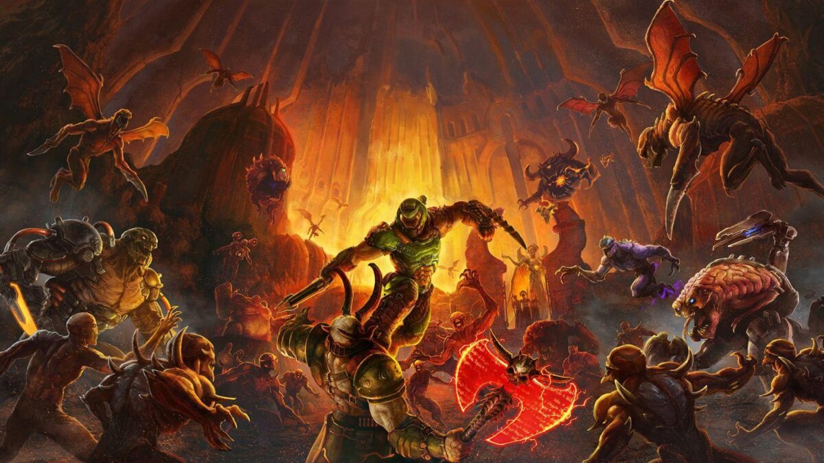 Иллюстрация из игры DOOM Eternal с демонами и героем