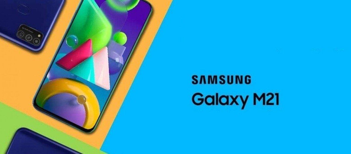 Обложка рекламного изображения смартфона Samsung Galaxy M21 с ярким дисплеем и задней панелью