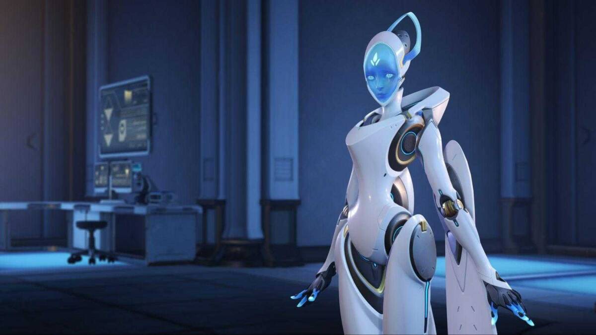 Робот-киборг из видеоигры Overwatch в антарктической лаборатории