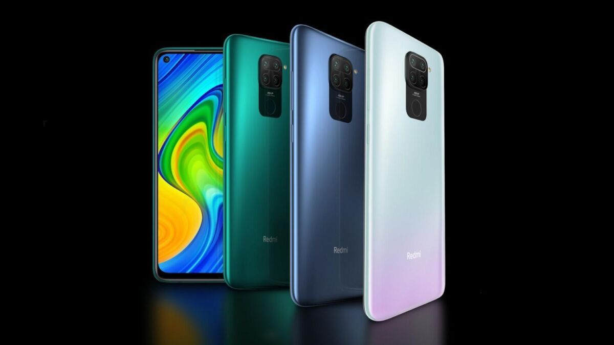 Многоцветные смартфоны Redmi Note 9 сзади и спереди