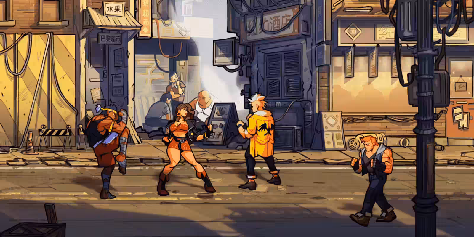 Персонажи Streets of Rage 4 в боевой позе на городской улице