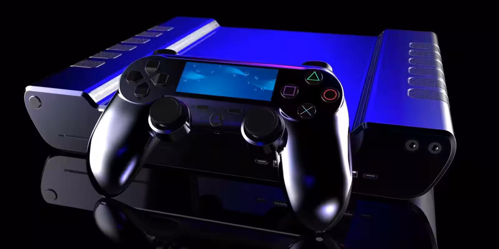 Игровая консоль PlayStation 5 с контроллером на фоне черного