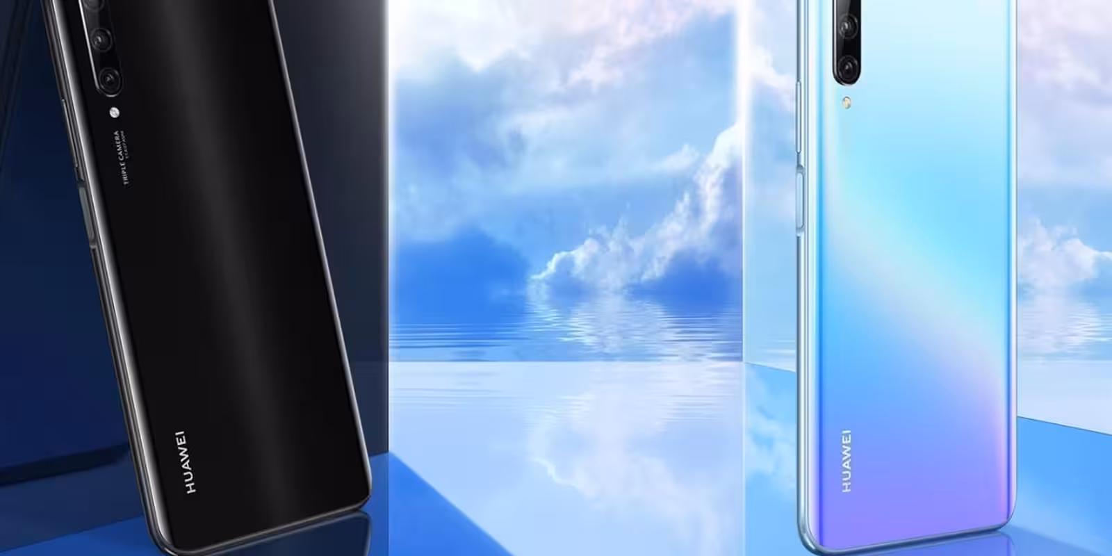 Два Huawei Y9s сзади и спереди на синем фоне