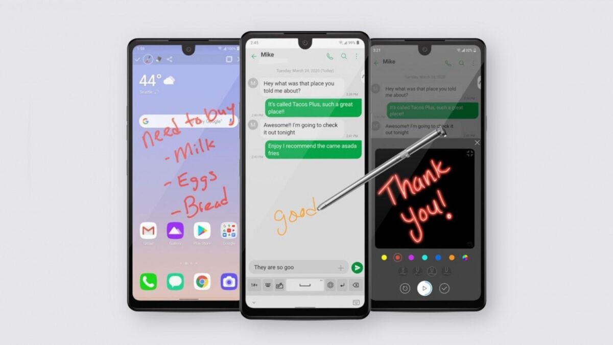 Три смартфона LG Stylo 6 с рукописными заметками