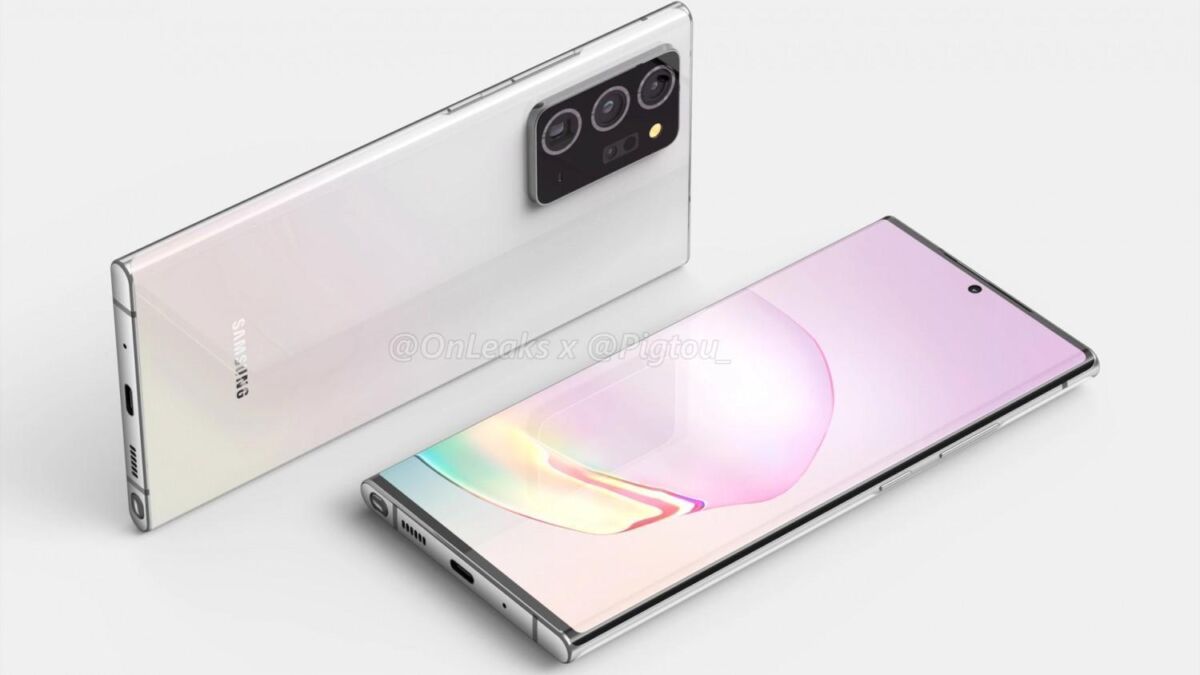 Смартфон Samsung Galaxy Note 20+ с большой камерой и дисплеем без рамки вид спереди и сзади