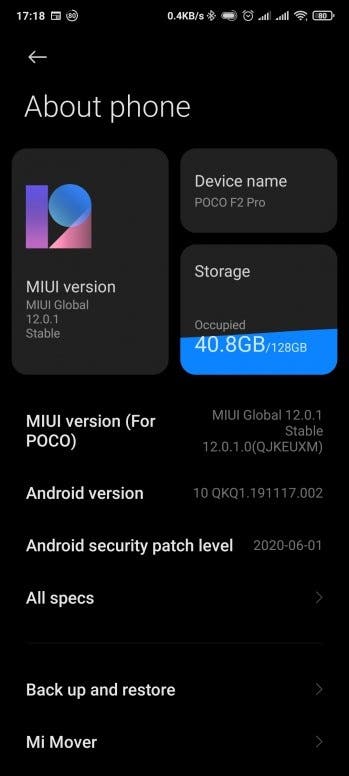 Poco F2 Pro получает обновление MIUI 12 на базе Android 10 (poco f2 pro miui 12 about phone)