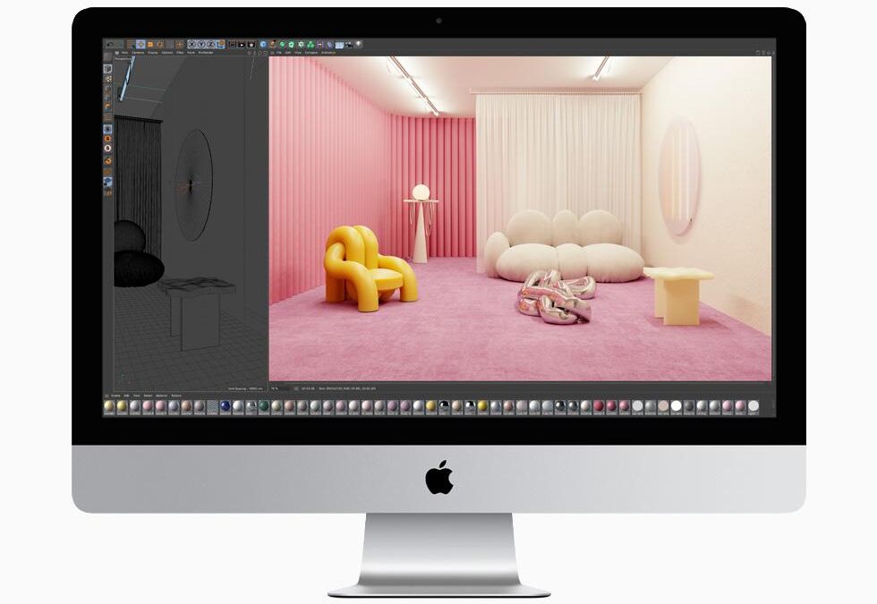 Экран iMac 27 дюймов с графической сценой внутри программы 3D моделирования