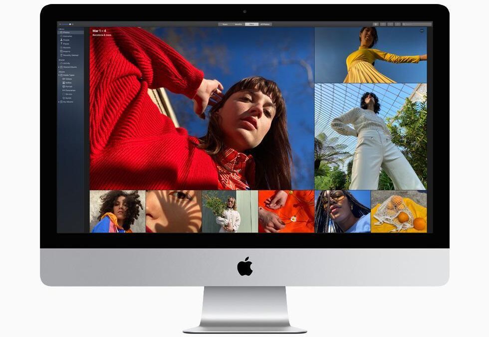Этот снимок демонстрирует рабочий стол iMac 27 дюймов с фотоколлажем на экране и ярким дизайном