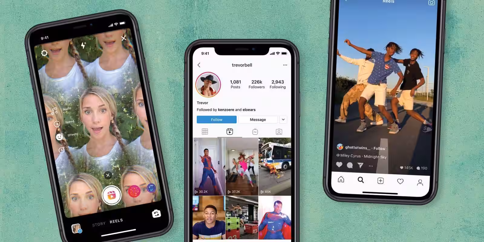Три смартфона с интерфейсами Instagram TikTok Reels