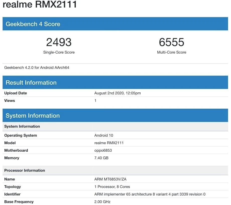 Realme V5 прошёл тестирование Geekbench (realme rmx2111 geekbench)