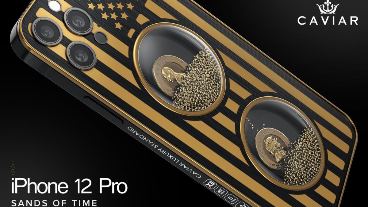 Золотой iPhone 12 Pro с изображением Илона Маска и Дональда Трампа