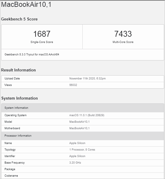 Apple M1 превосходит Core i9 в тесте Geekbench (macbook air geekbench)