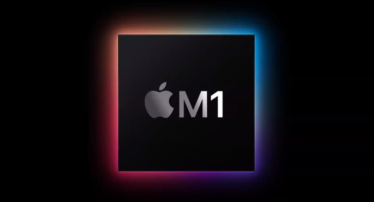 Чип Apple M1 на черном фоне с подсветкой по краям