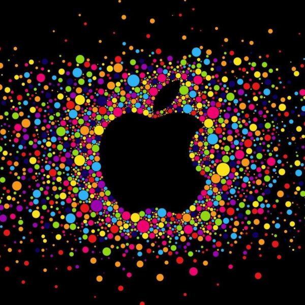 Apple запатентовала клавиатуру с дисплеем в каждой клавише (Colorful circles Apple logo black background 2560x1440)