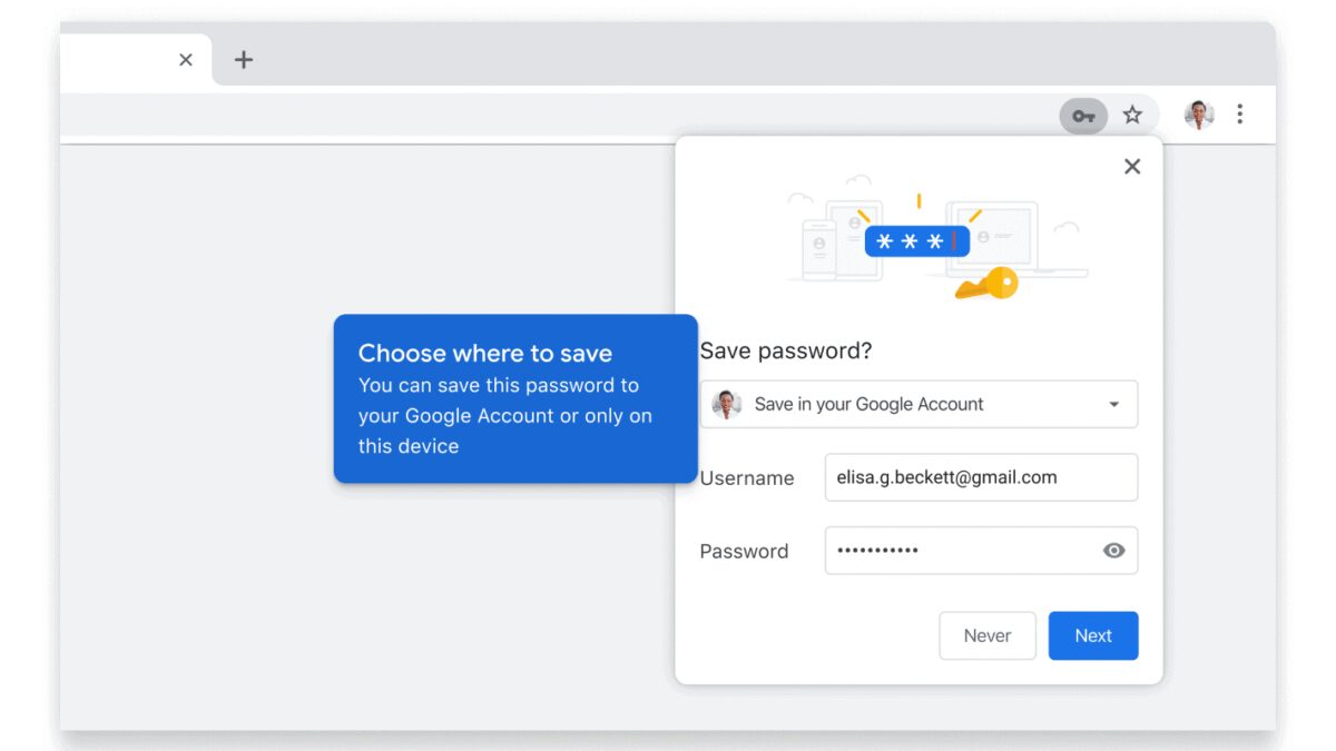 Экран окна сохранения пароля в браузере с аккаунтом Google