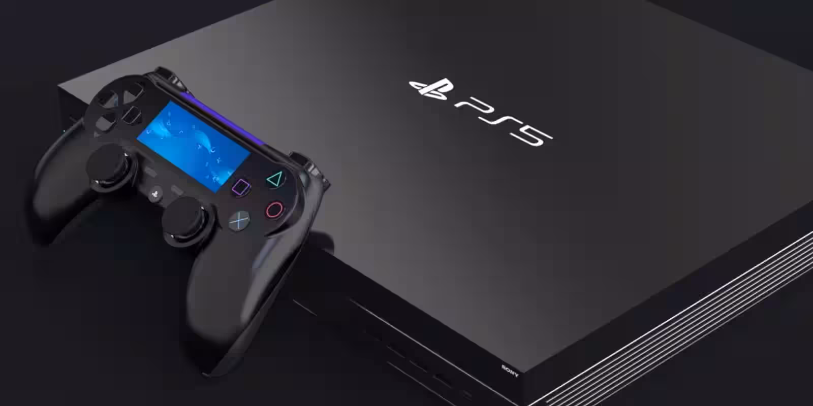 Черная консоль PlayStation 5 с яркой синей подсветкой и контроллером на черном фоне