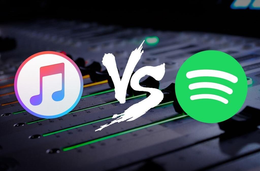 Логотипы Apple Music и Spotify на музыкальном микшере — сравнение популярных сервисов