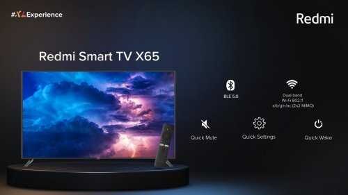 Телевизор Redmi Smart TV X65 и пульт управления спереди