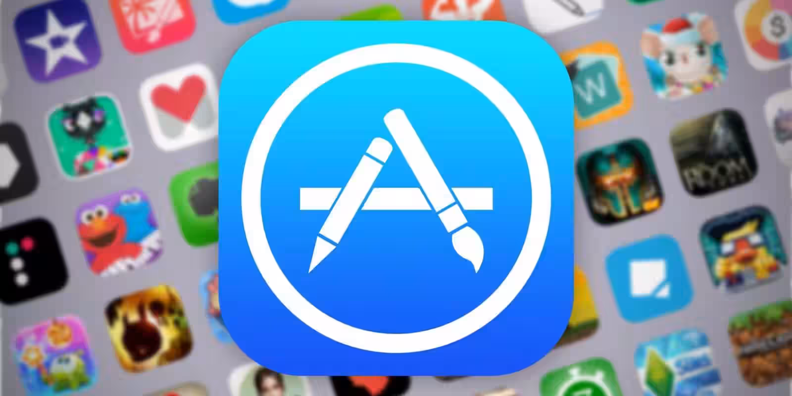 Иконка App Store на фоне интерфейса iPhone, экран с сеткой приложений
