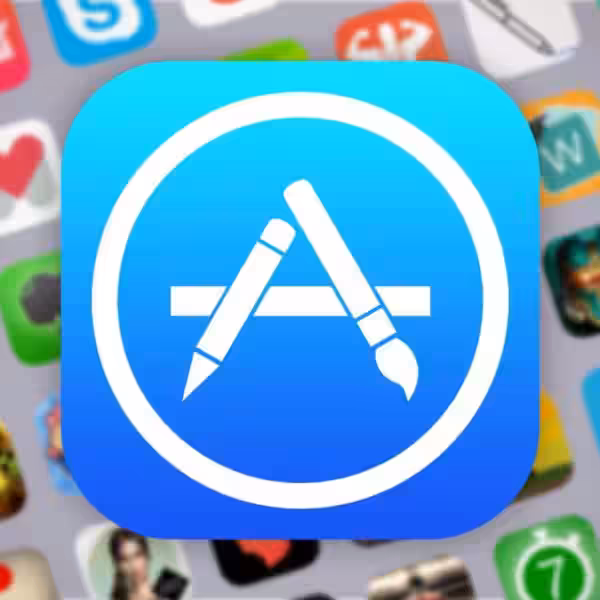 Иконка App Store на фоне интерфейса iPhone, экран с сеткой приложений
