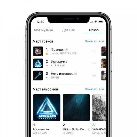 Экран смартфона с разделами чарты треков и альбомов