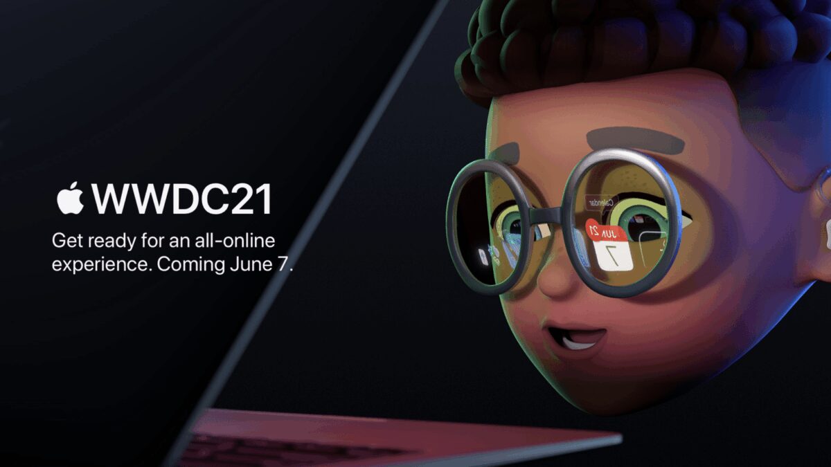 Виртуальный анимированный персонаж Apple для онлайн-конференции WWDC21 в очках с отражением календаря и ноутбука