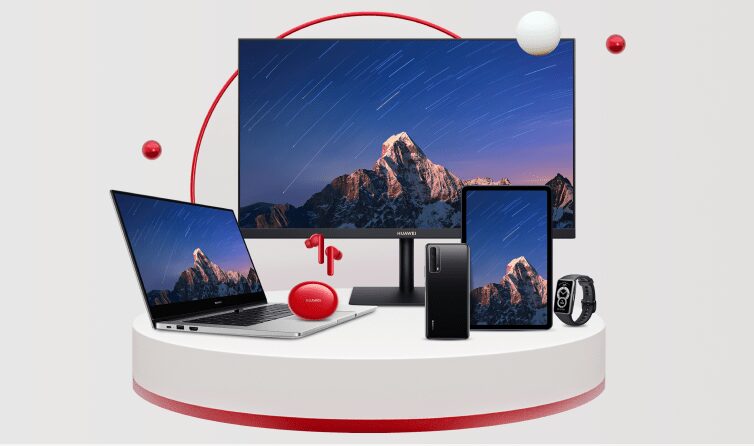 ГуHuawei ноутбук монитор на белой платформе с аксессуарами
