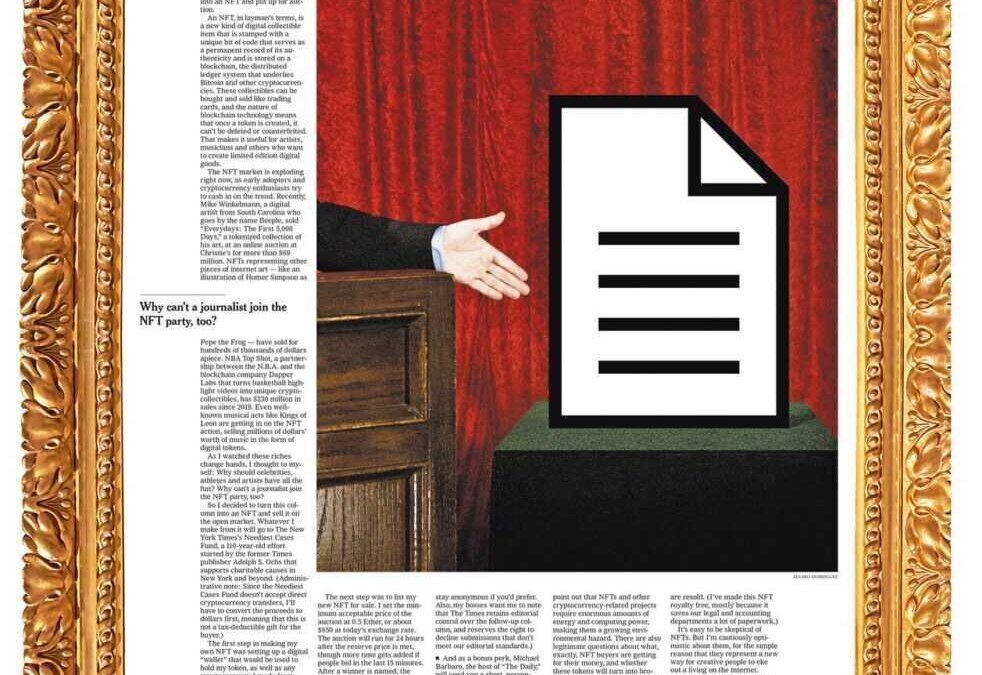 Иллюстрация NFT с рукой, протягивающей руку к файлу документа