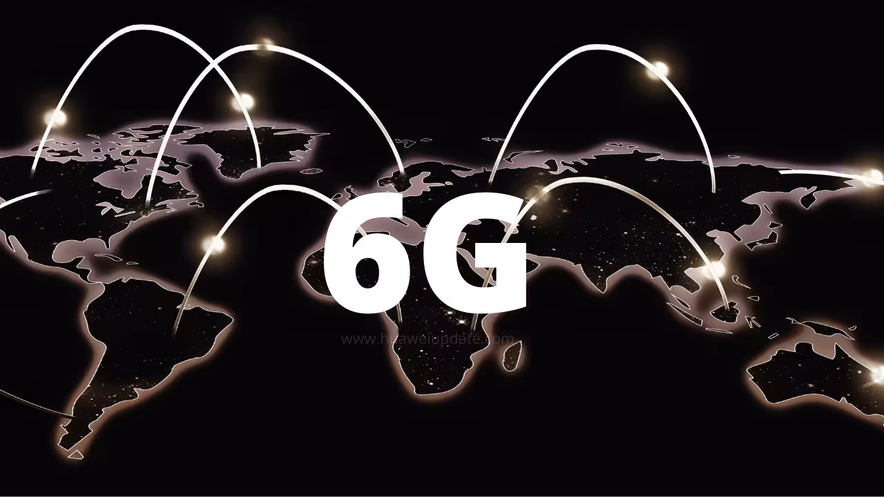 Глобальная карта сети с линиями и точками 6G от Huawei, акцент на мировом покрытии