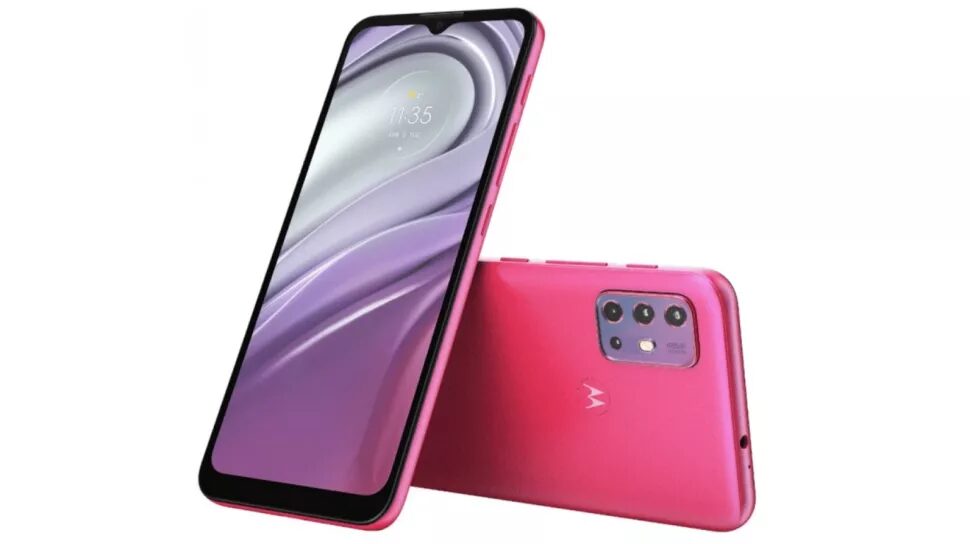 Смартфон Moto G20 со светло-розовой задней панелью и тройной камерой