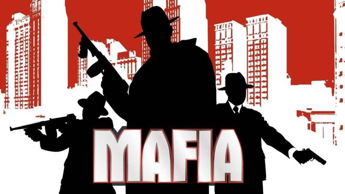 Steam с хорошими скидками распродаёт серию игр Mafia 5 Обложка игры Mafia со скриншотными силуэтами мафии с оружием на фоне ночного города
