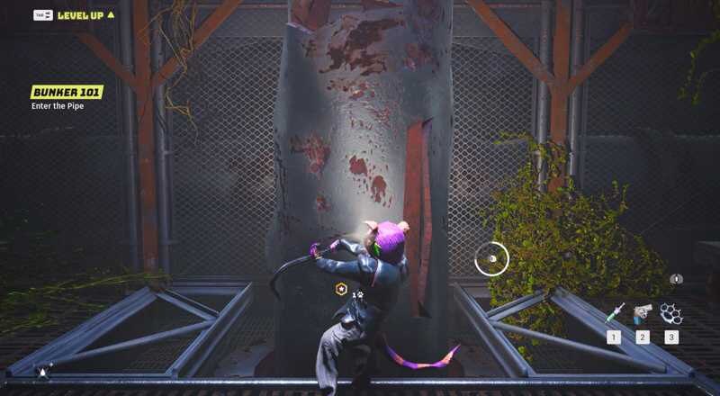 Игрок пробивается через стальную трубу в Biomutant