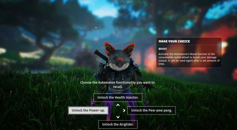 Персонаж из игры Biomutant в окружении природы с интерфейсом выбора улучшений