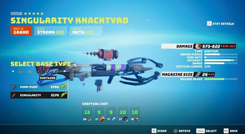 Экран выбора типа оружия в игре Biomutant с изображением шотгун и характеристик