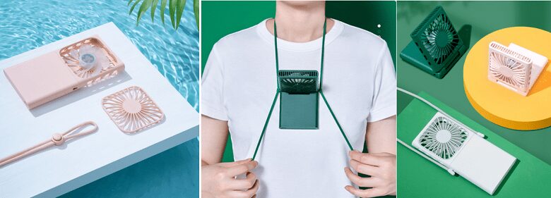 Портативный носимый вентилятор Xiaomi в розовом и зеленом цветах на различных поверхностях и при ношении через шею