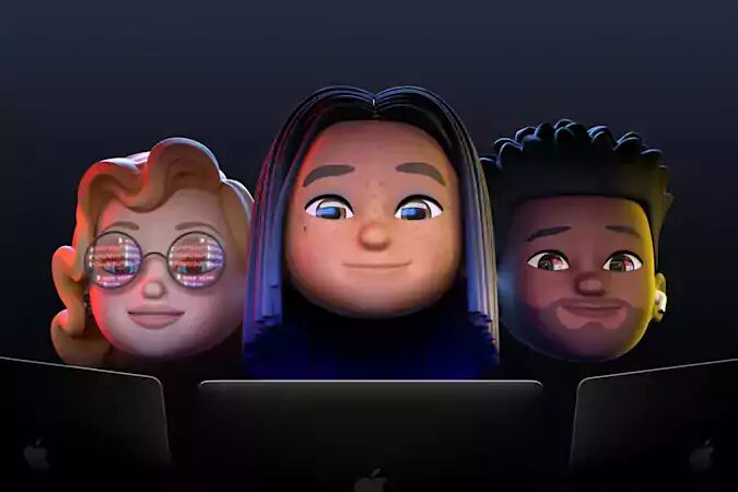 3 мультяшных персонажа на темном фоне с ноутбуками Apple