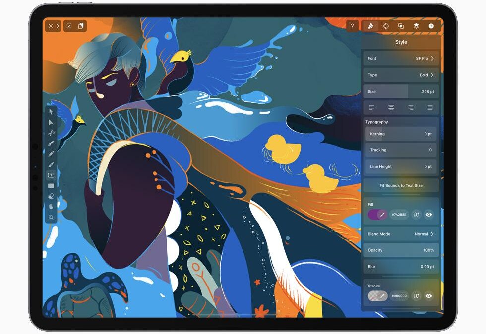 Экран iPad с графическим дизайном и инструментами редактирования