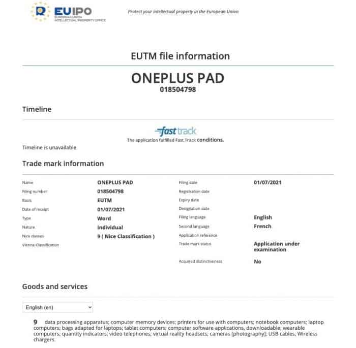 OnePlus готовит к выпуску свой первый планшет (oneplus pad euipo)
