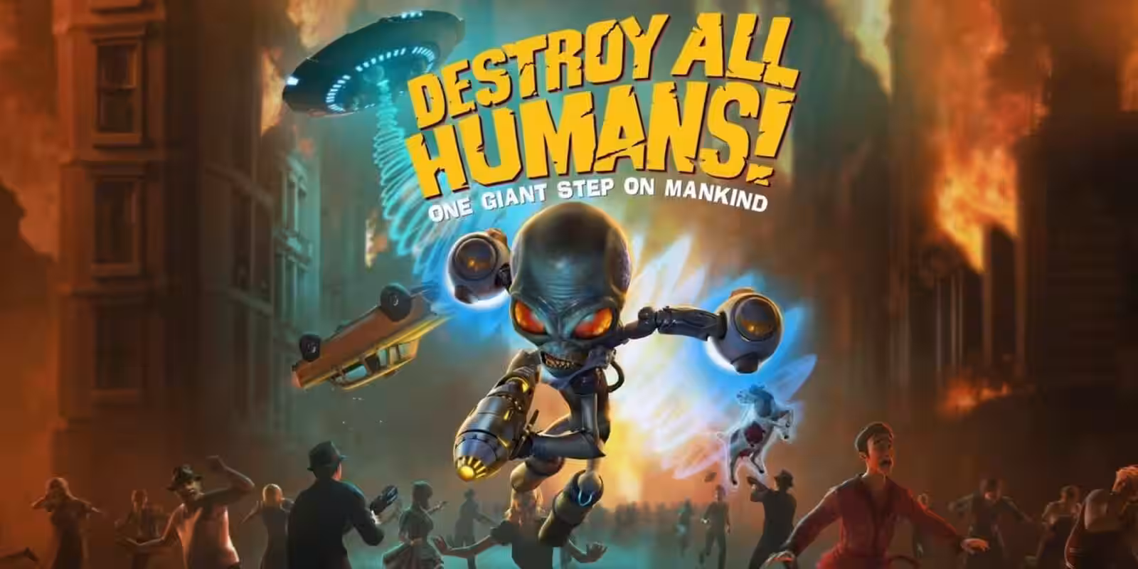 Обложка ремейка Destroy All Humans! 2: персонаж в стиле инопланетного «аллаха» и разрушения зданий