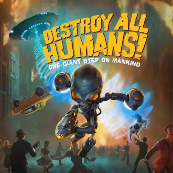 Обложка ремейка Destroy All Humans! 2: персонаж в стиле инопланетного «аллаха» и разрушения зданий