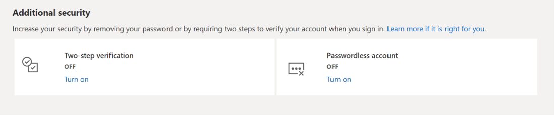 Настройки безопасности учетной записи Microsoft с двумя параметрами выключены