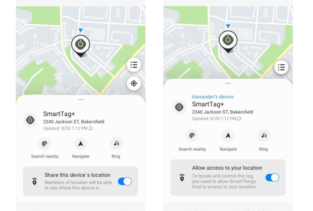Экран приложения SmartThings Find с картой и настройками поиска устройства SmartTag+