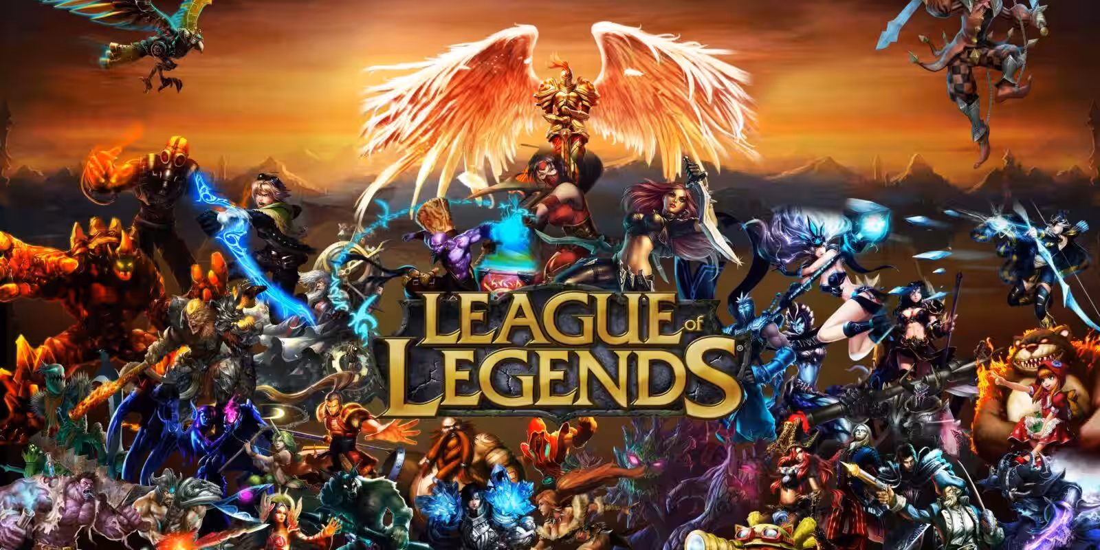 Постер League of Legends с персонажами Riot на фоне динамичных фантастических сцен