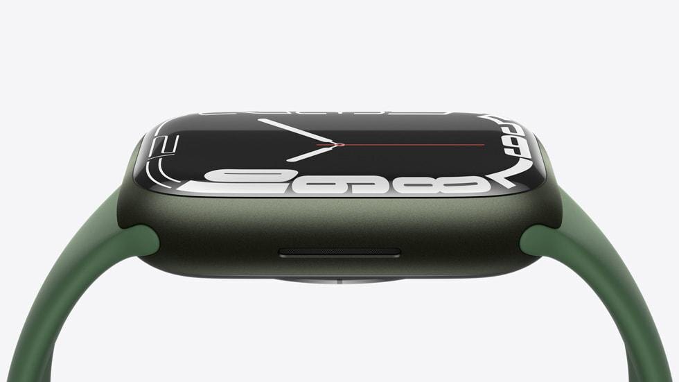 Боковой профиль новых Apple Watch серии 7 с зеленым браслетом
