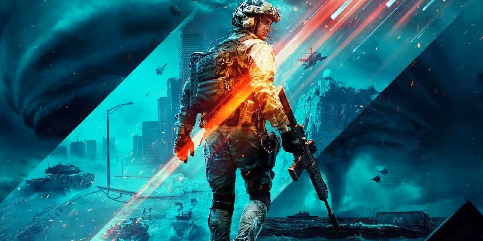 Кадр из Battlefield 2042: военный солдат с оружием на фоне разрушенного города и техники