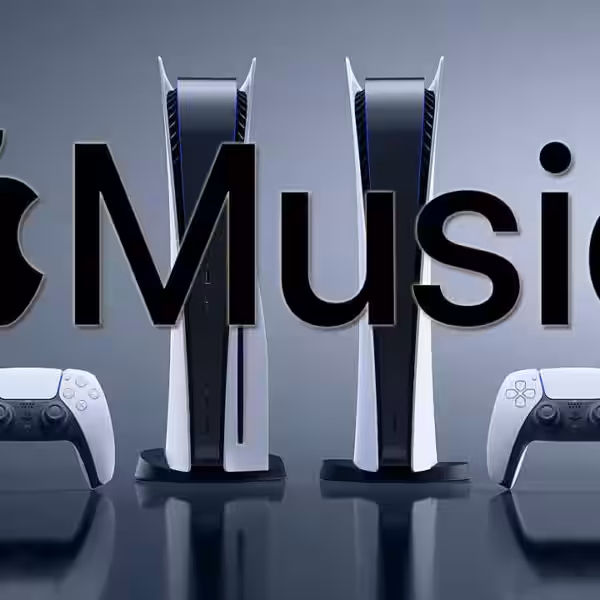 PlayStation 5 с двумя DualSense и логотипом Apple Music на консоли в интерфейсе