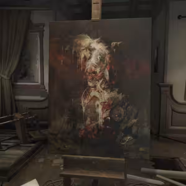 Кадр из Layers of Fear: комната с разрушенной мебелью и художественной картиной на стене