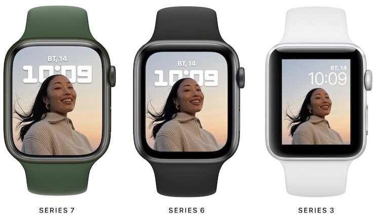 Сравнение дисплеев Apple Watch Series 3, Series 6 и Series 7 