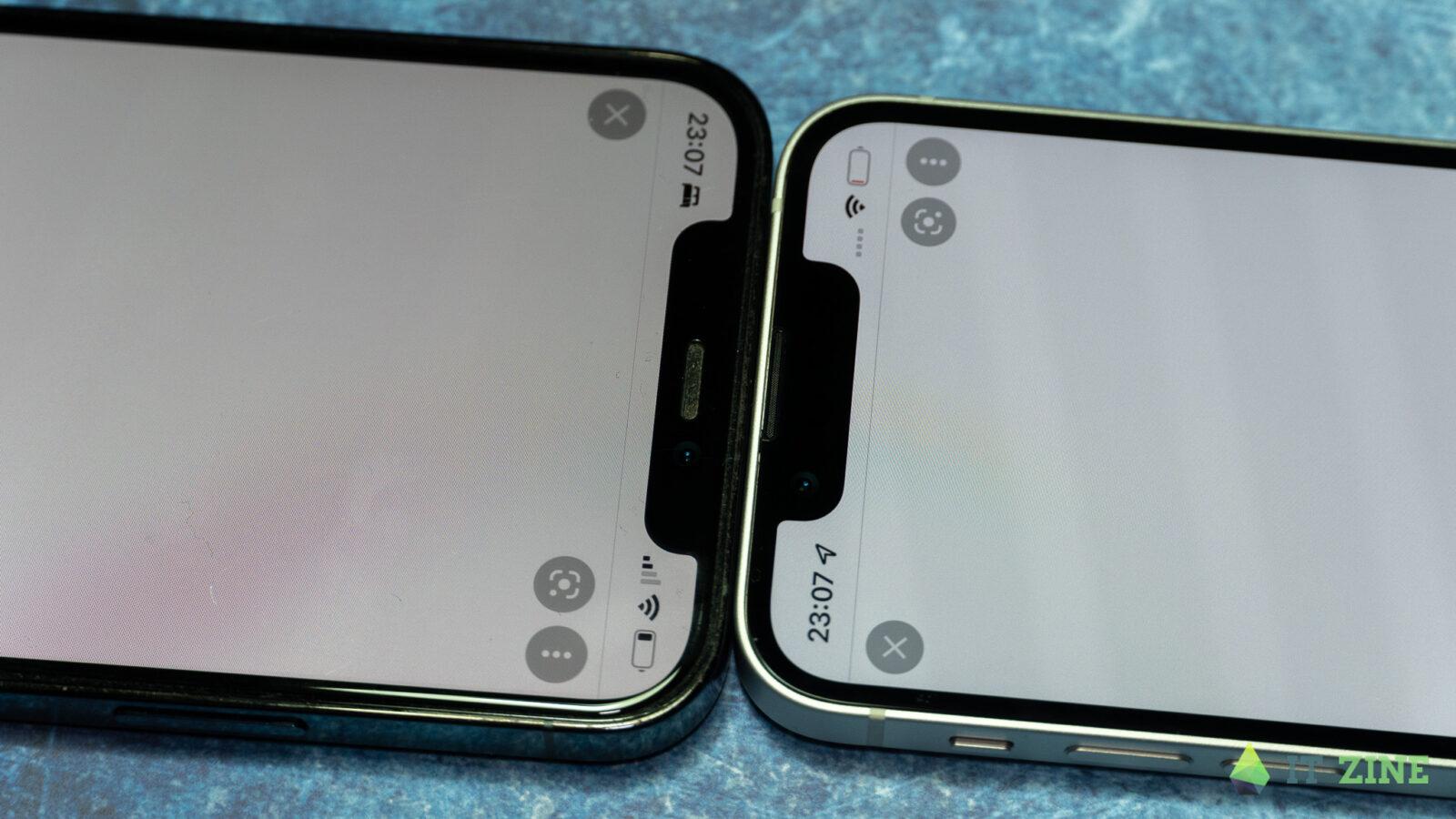 Блок фронтальной камеры и Face ID в iPhone 13 (справа) стал меньше